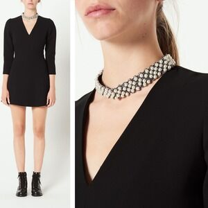 Sandro Black Beaded Pearl Neck Mini Dress Size 36 US 4 V-Neck 3/4 Sleeve LBD